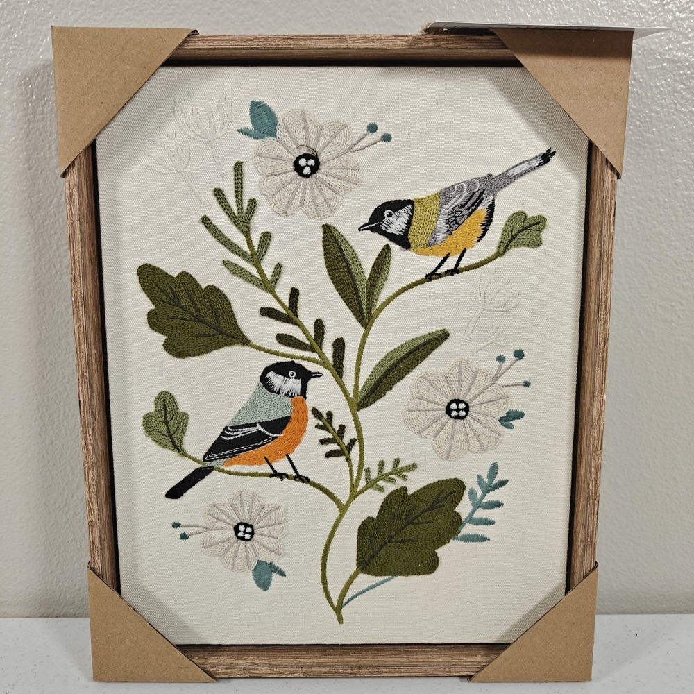 New BP Home Woven Embroidered Textile Birds Flowers Wall Art 12" x 15" READ